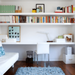 bookshelf above the table