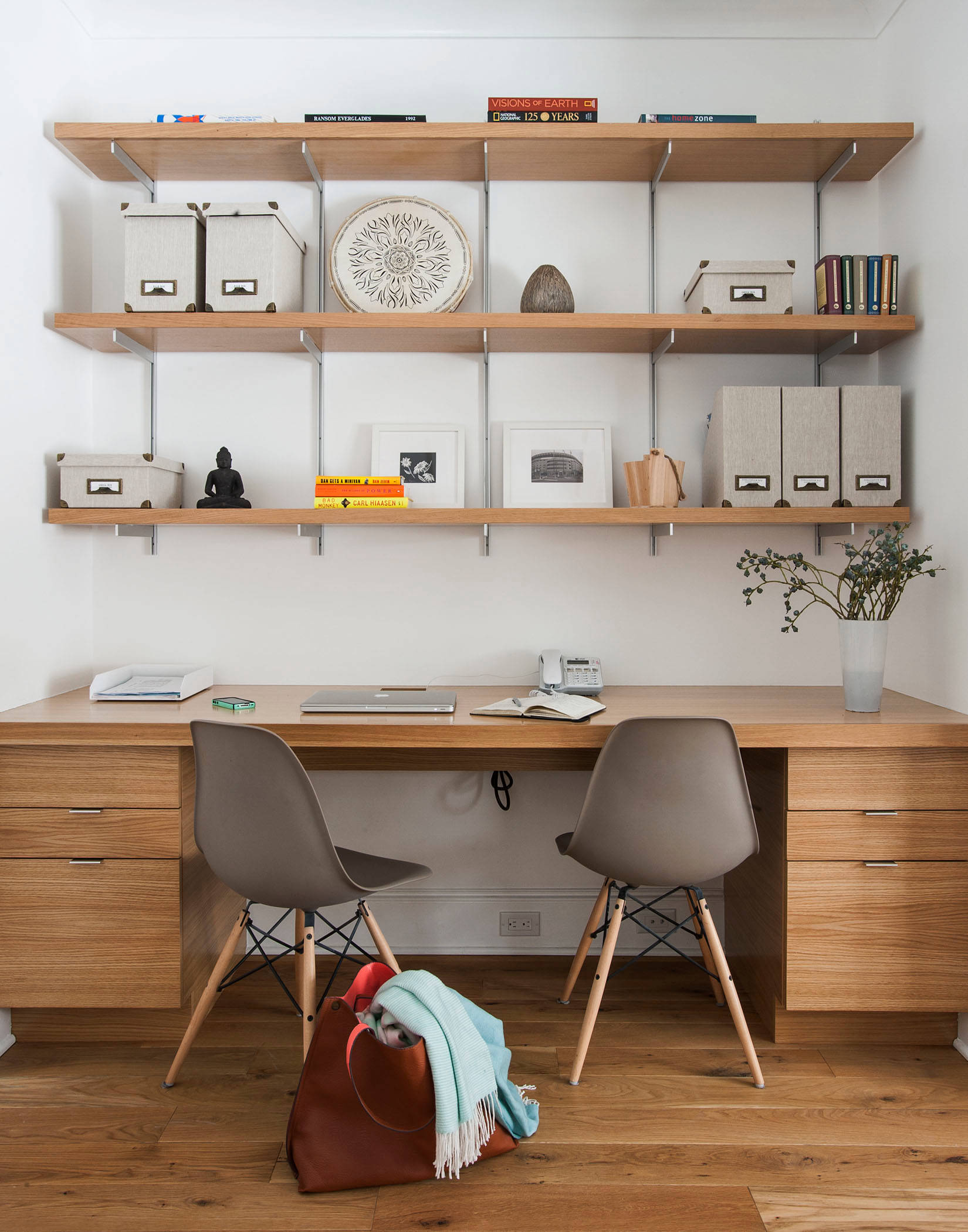 shelves above the desk