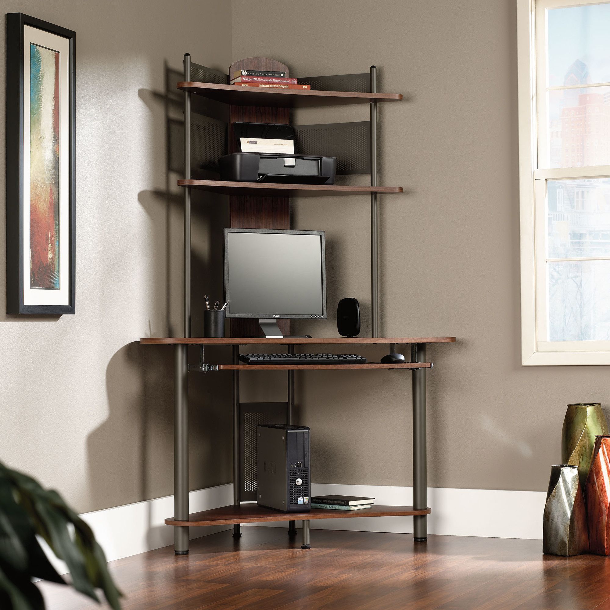 corner shelves above the computer desk