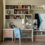 shelf over table with blue chair