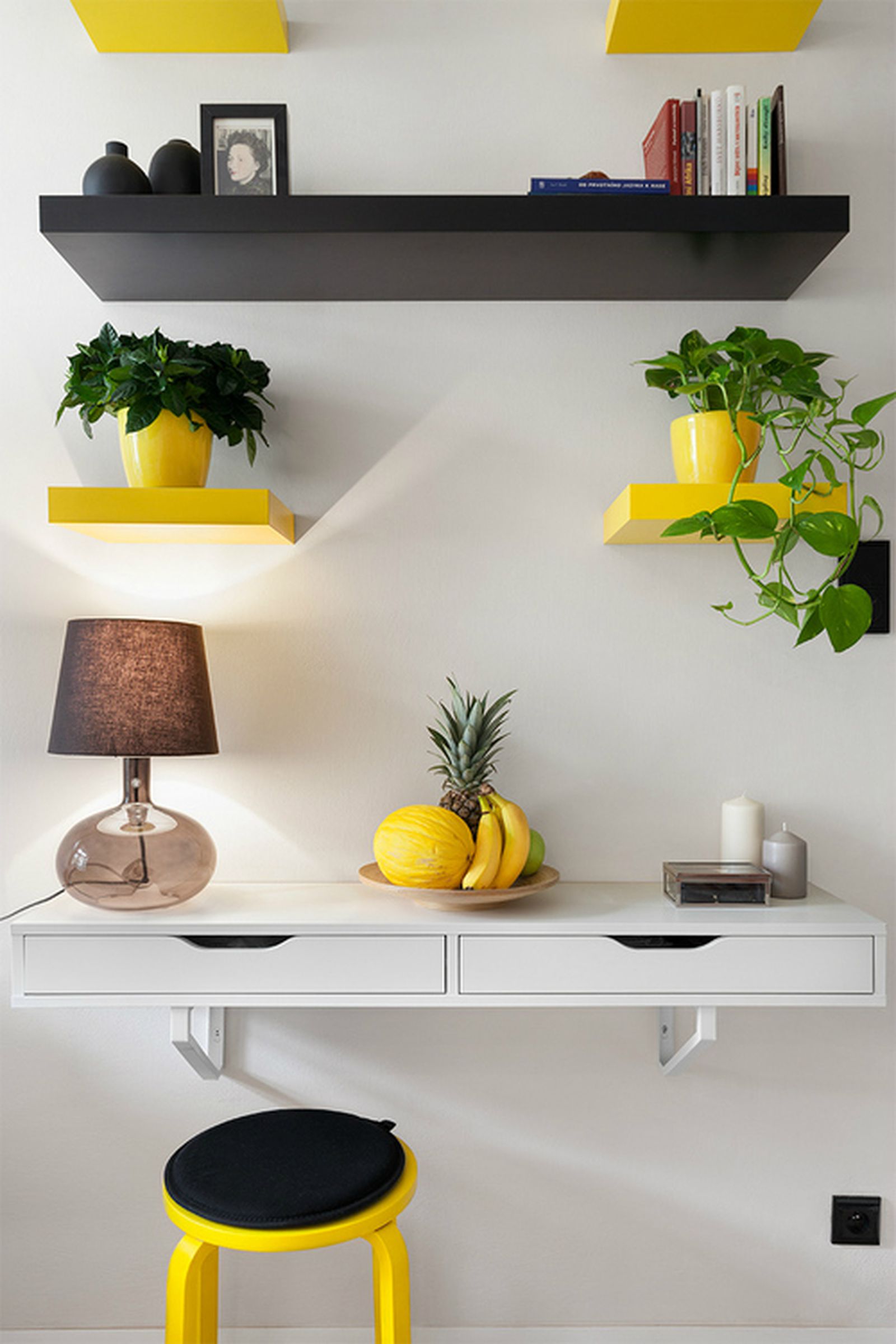 decorative shelves above the table