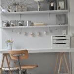 shelves above the table in the bedroom