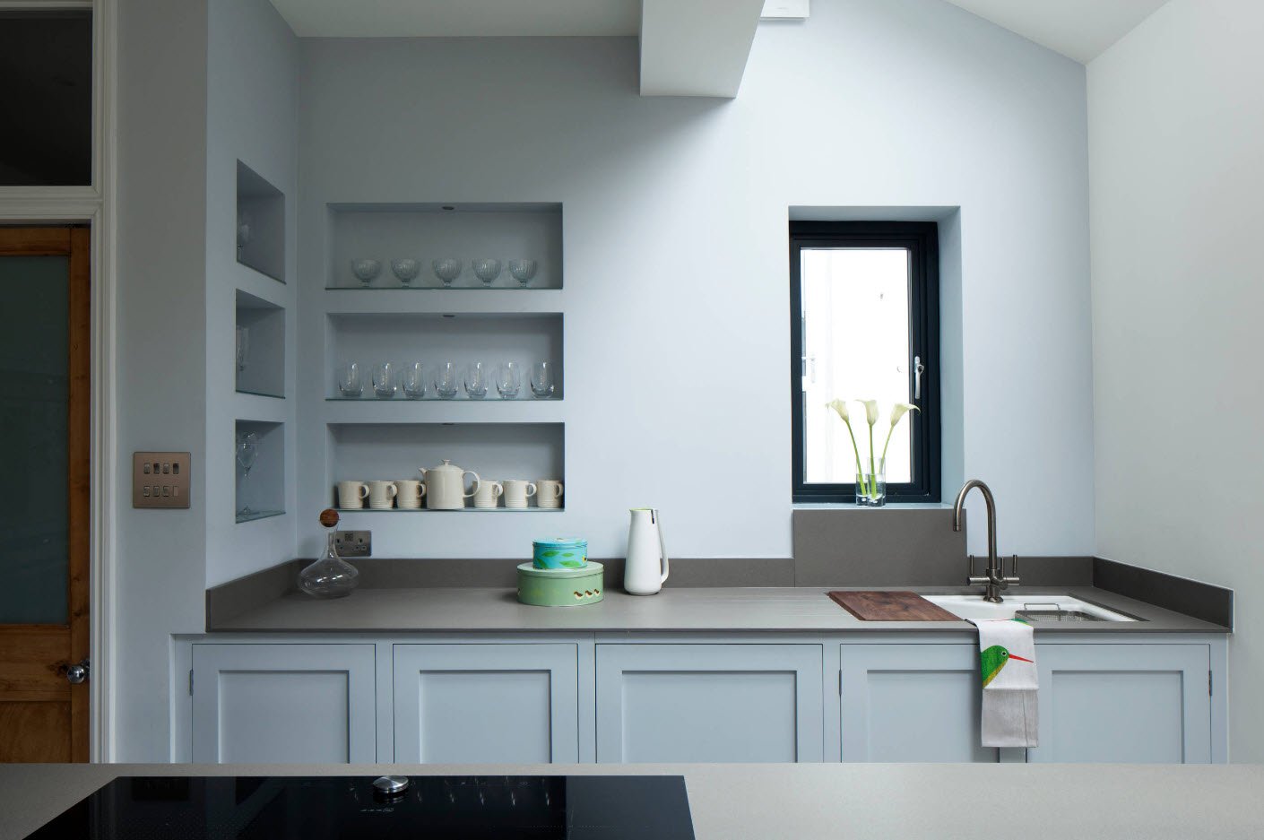 shelves in a niche in the kitchen