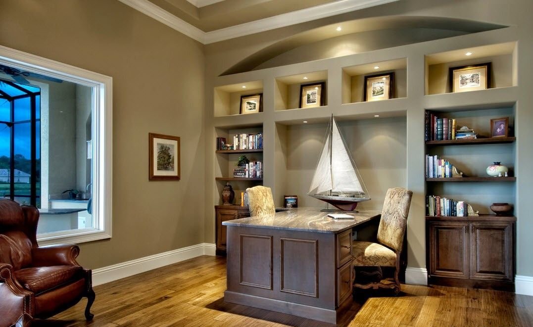 shelves in a niche in the office