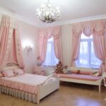 Viennese curtains in a large pink bedroom