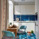 kitchen with blue apron