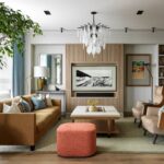 living room with pink pouf