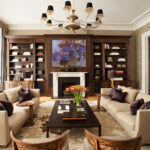 living room with brown bookcases