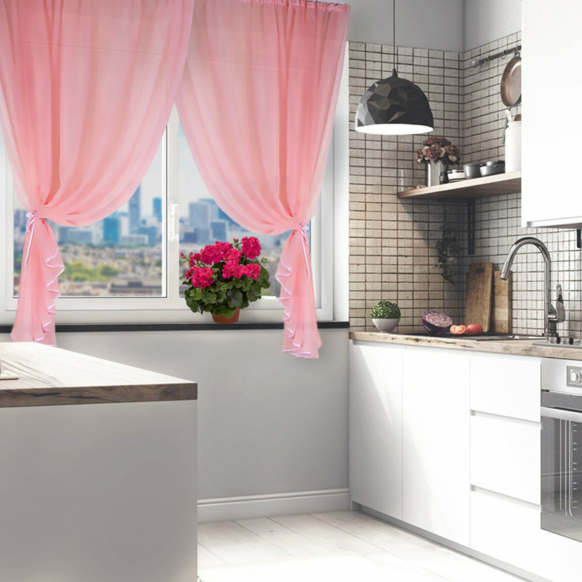 pink curtains in the kitchen