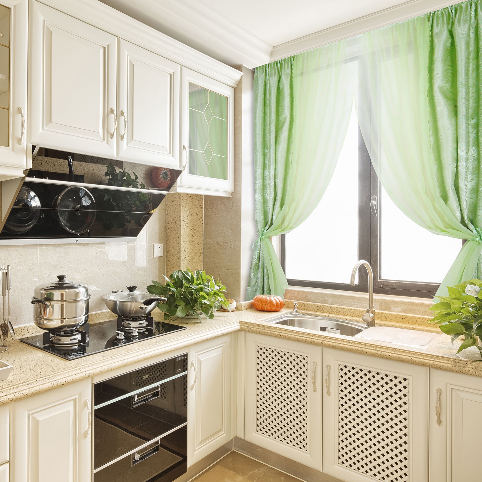 green curtains in beige kitchen