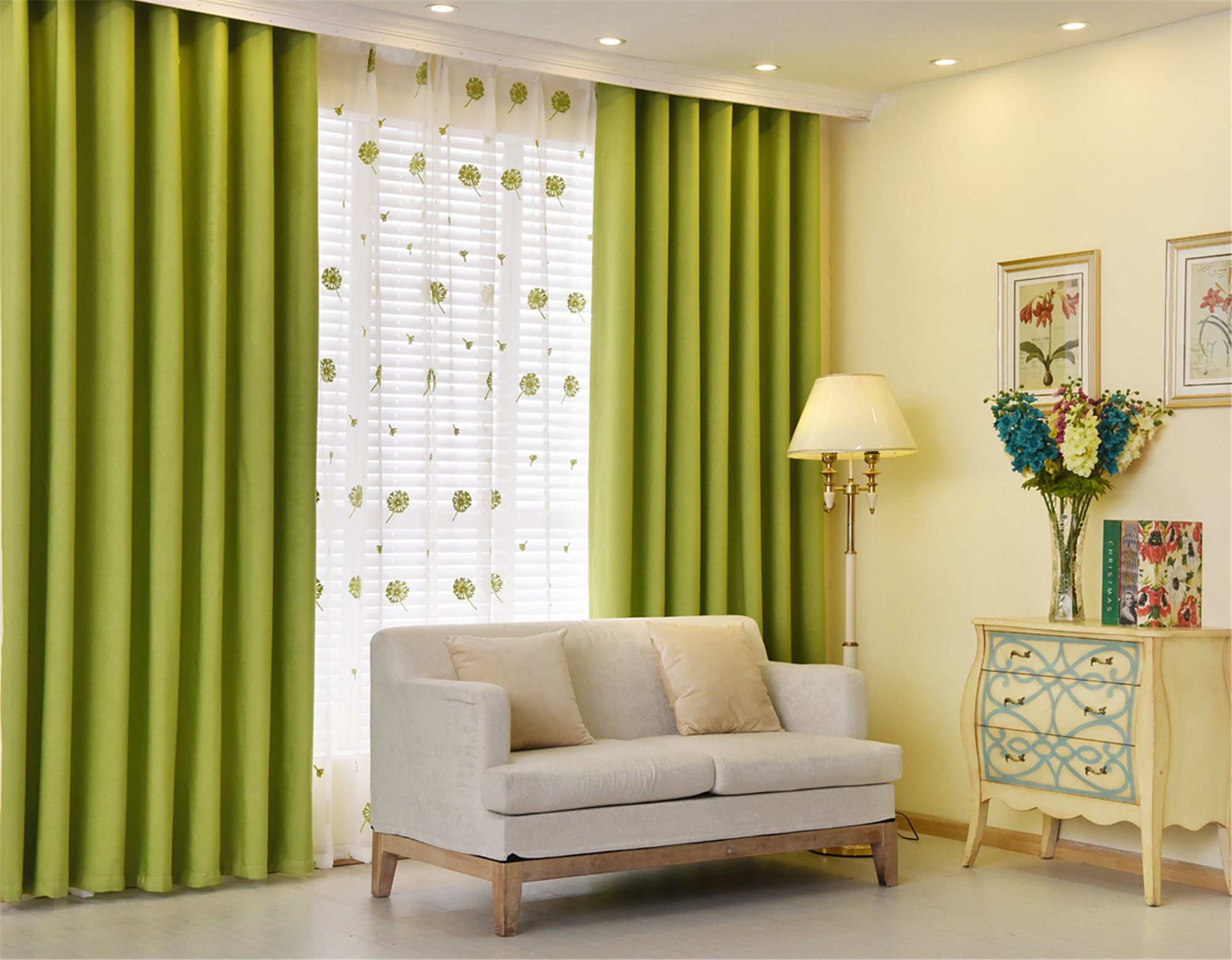 green curtains in gray