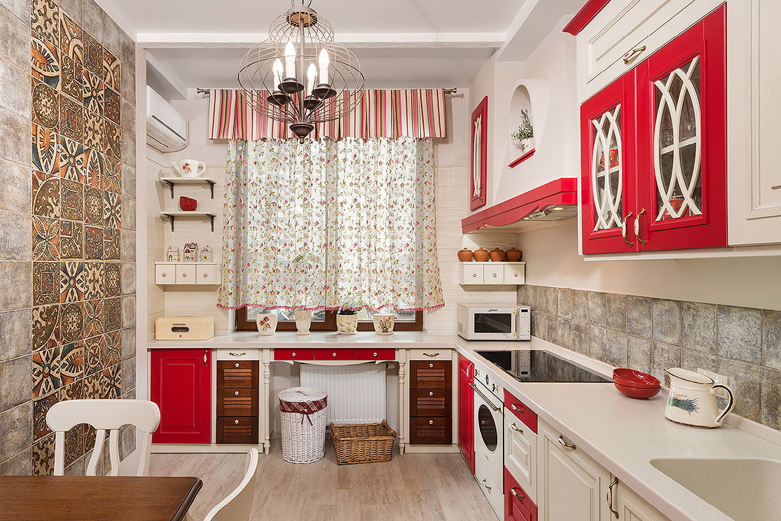 modern kitchen with short curtains