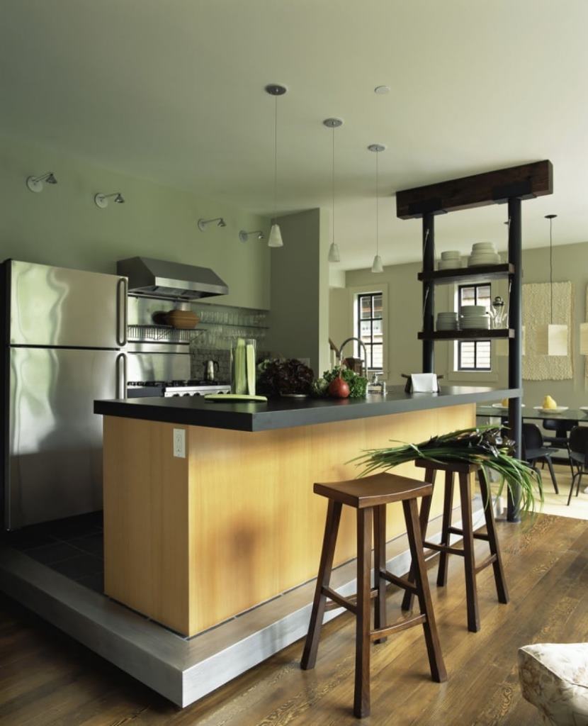 island table in the kitchen with a podium