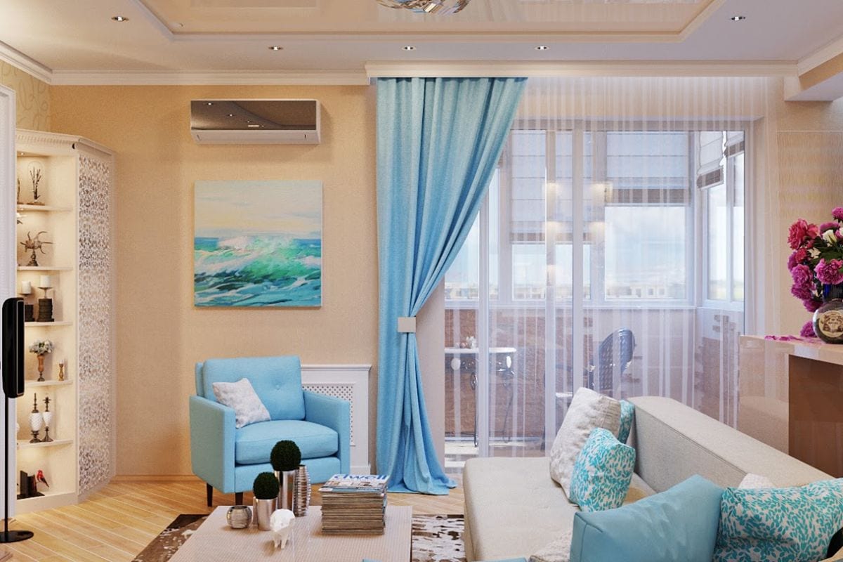 light turquoise curtains in the living room