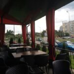 street curtains red in a cafe