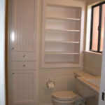 built-in wardrobe in the bathroom white without doors