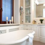 built-in wardrobe in the bathroom, white with shelves