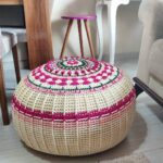 knitted pouf white with pink