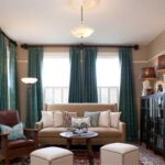 turquoise curtains with nude sofa supply