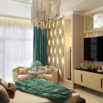 turquoise curtains in beige interior