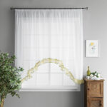 arched curtains with brown ruffle