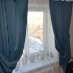 openwork lambrequin white on blue curtains