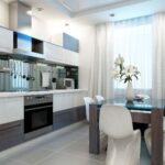 white curtains in the high-tech kitchen