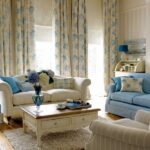 beige curtains with blue