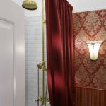 burgundy curtains in the bathroom