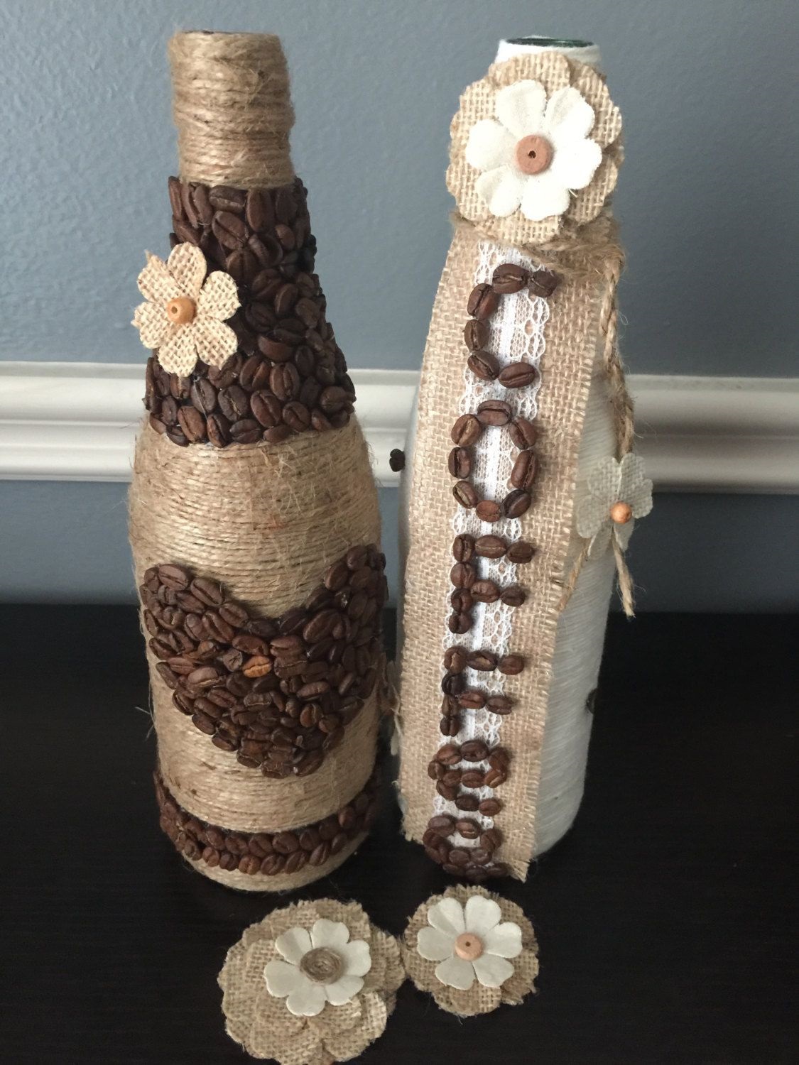 bottle decor with twine and coffee