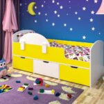 yellow and white baby bed