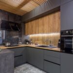 kitchen cabinets up to the ceiling gray and wood