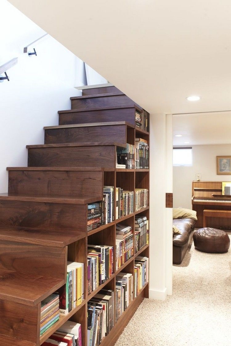 open shelving under the stairs