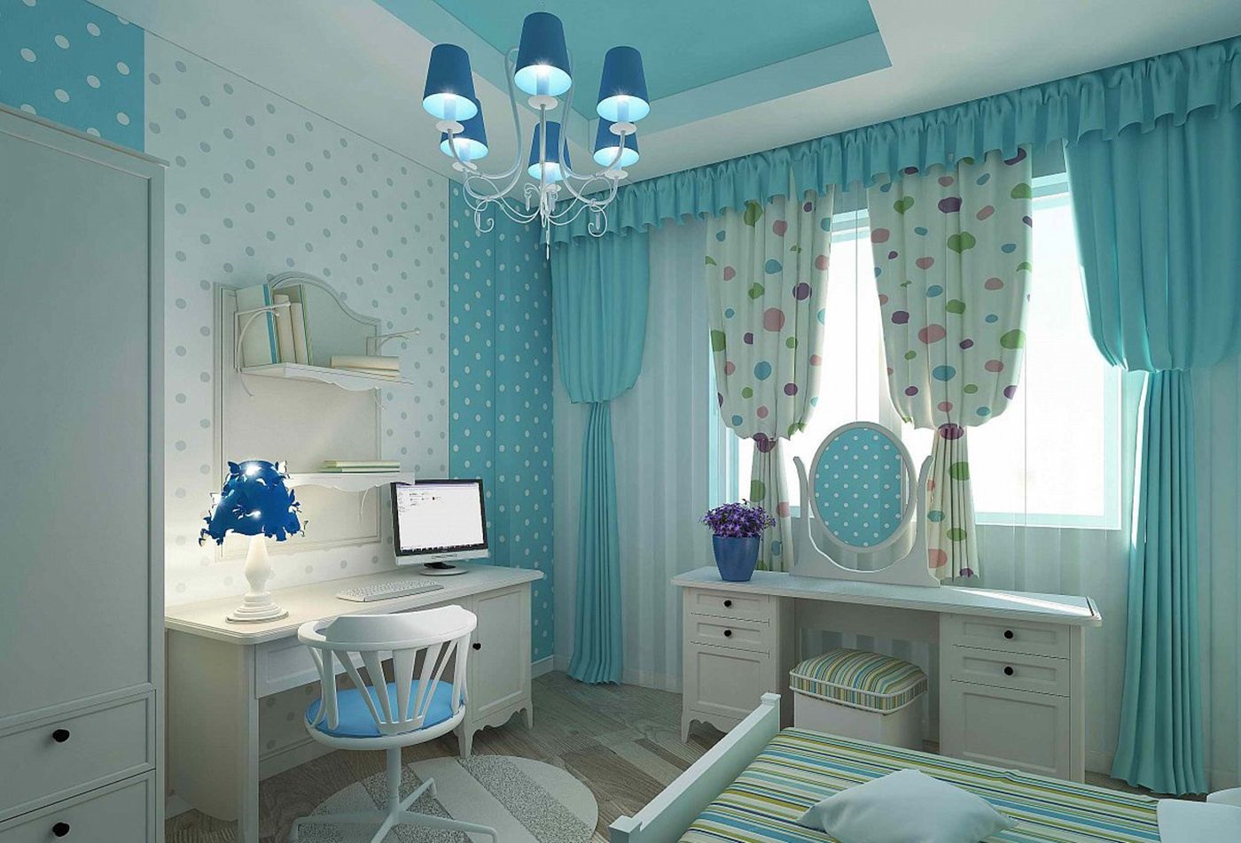 polka dot curtains with blue wallpaper