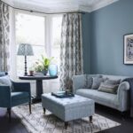 curtains with gray-blue wallpaper