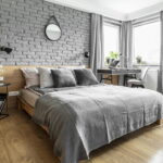 curtains under gray wallpaper decor photo