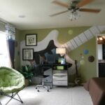 curtains in the room of a teenager with a guitar