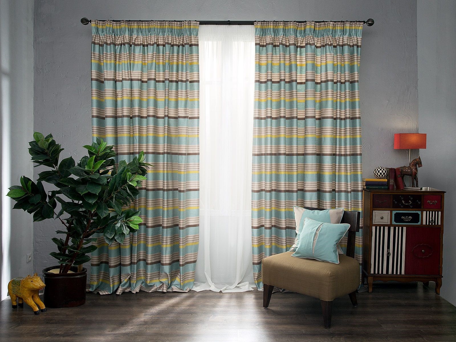 striped curtains in the living room