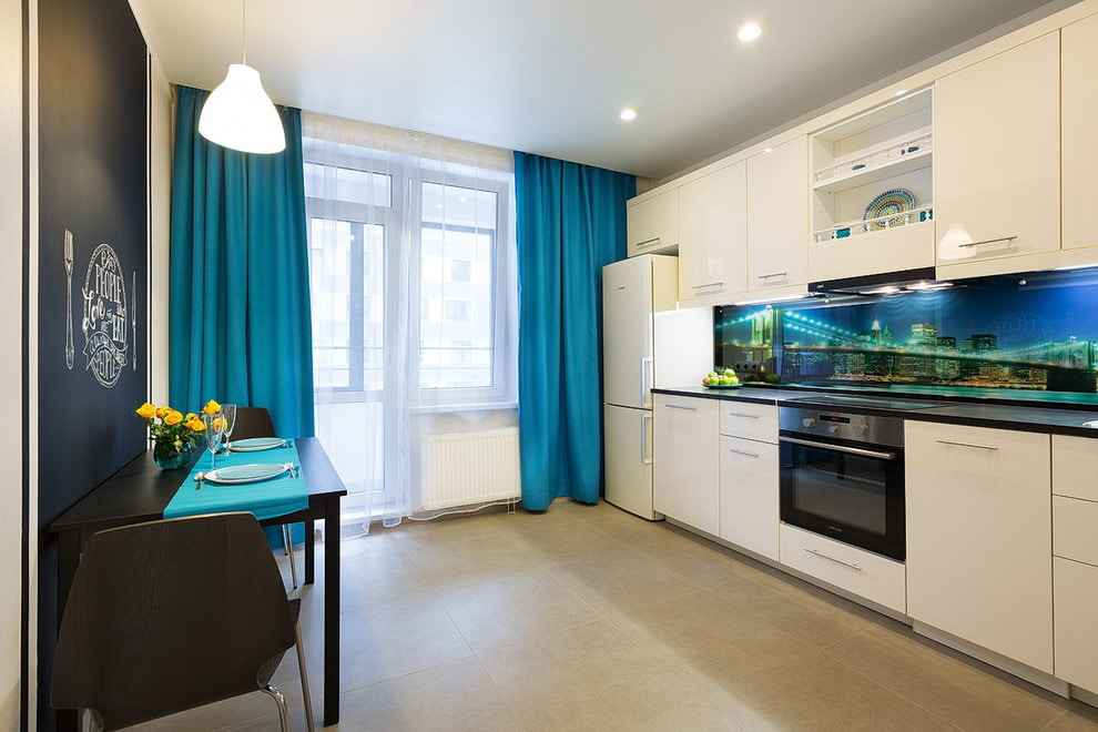 blue curtains in the kitchen