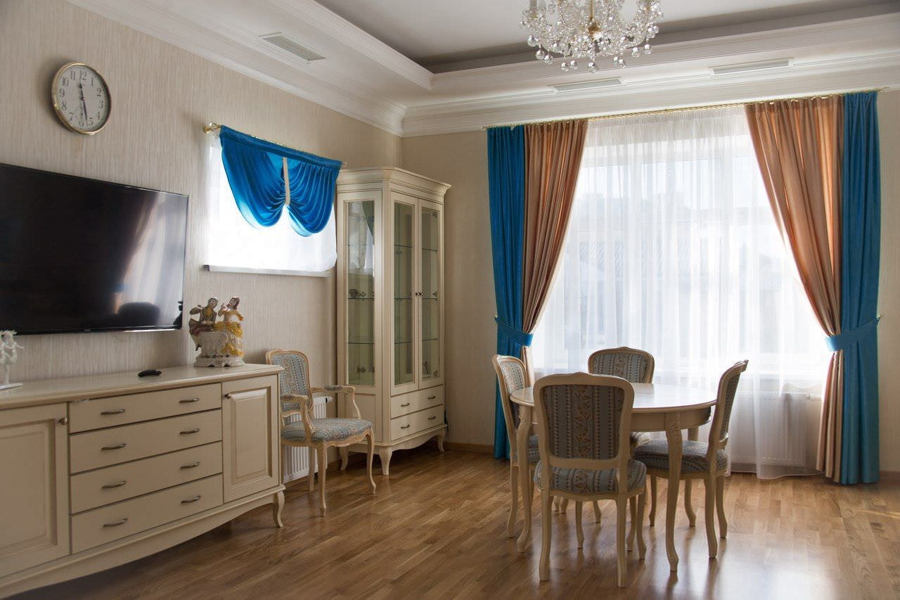 blue curtains in the interior