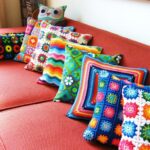 multicolored knitted pillows