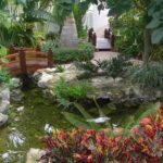 decorative waterfall with a bridge