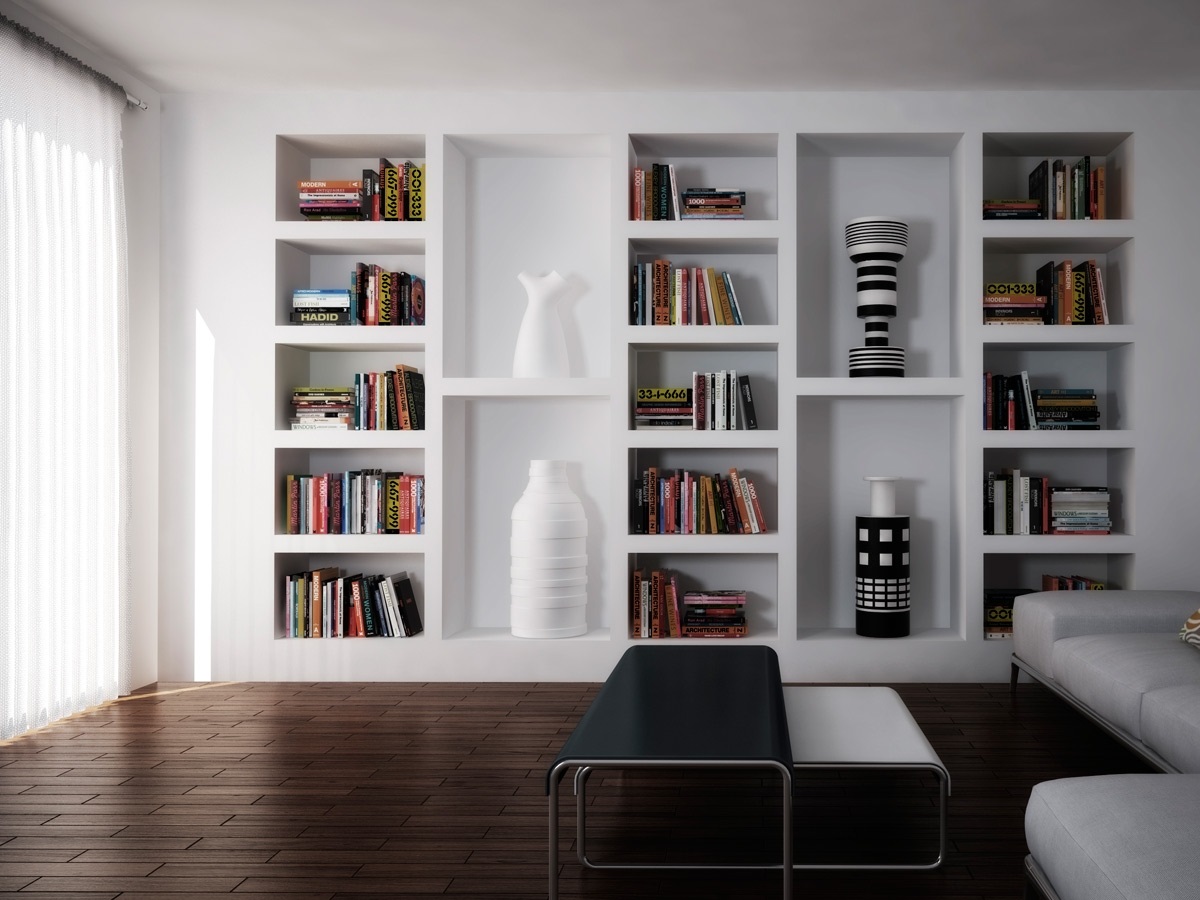 shelves on the wall in the room